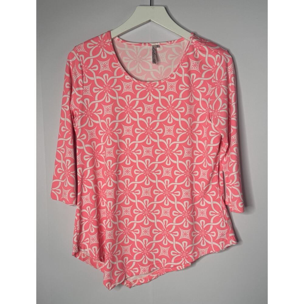 Lulu B Top Womens Sz S Pink‎ White Asymmetric Stretch 3/4 Sleeve Resortwear